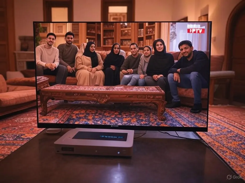 Arabic family watching a 4K drama on a smart TV with an iptv arabic subscription from IPTV Smarters Lite in a cozy living room.