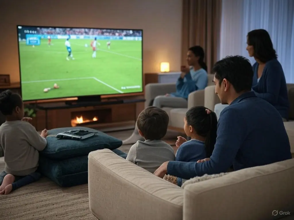 Family watching a 4K football match on a smart TV with an iptv smarters subscription from IPTV Smarters Lite in a cozy living room.