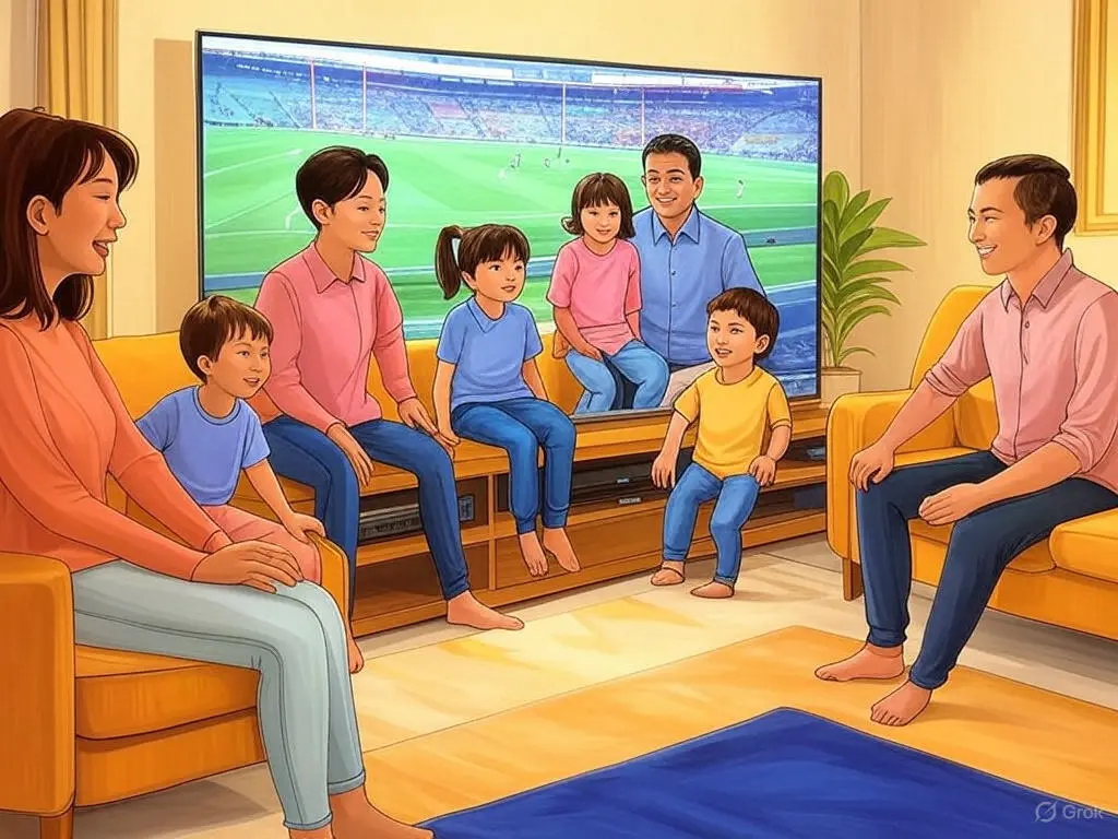 Group of people in a bright living room streaming a football match on a Smart TV and tablet with Stream Plus IPTV, showcasing multi-device compatibility by Smarters Elite IPTV.