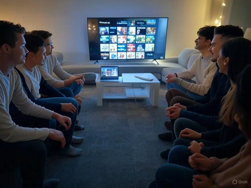 Group of friends in a living room exploring the USAIPTV interface on a Smart TV and tablet, showcasing the user-friendly streaming experience by Smarters Elite IPTV.