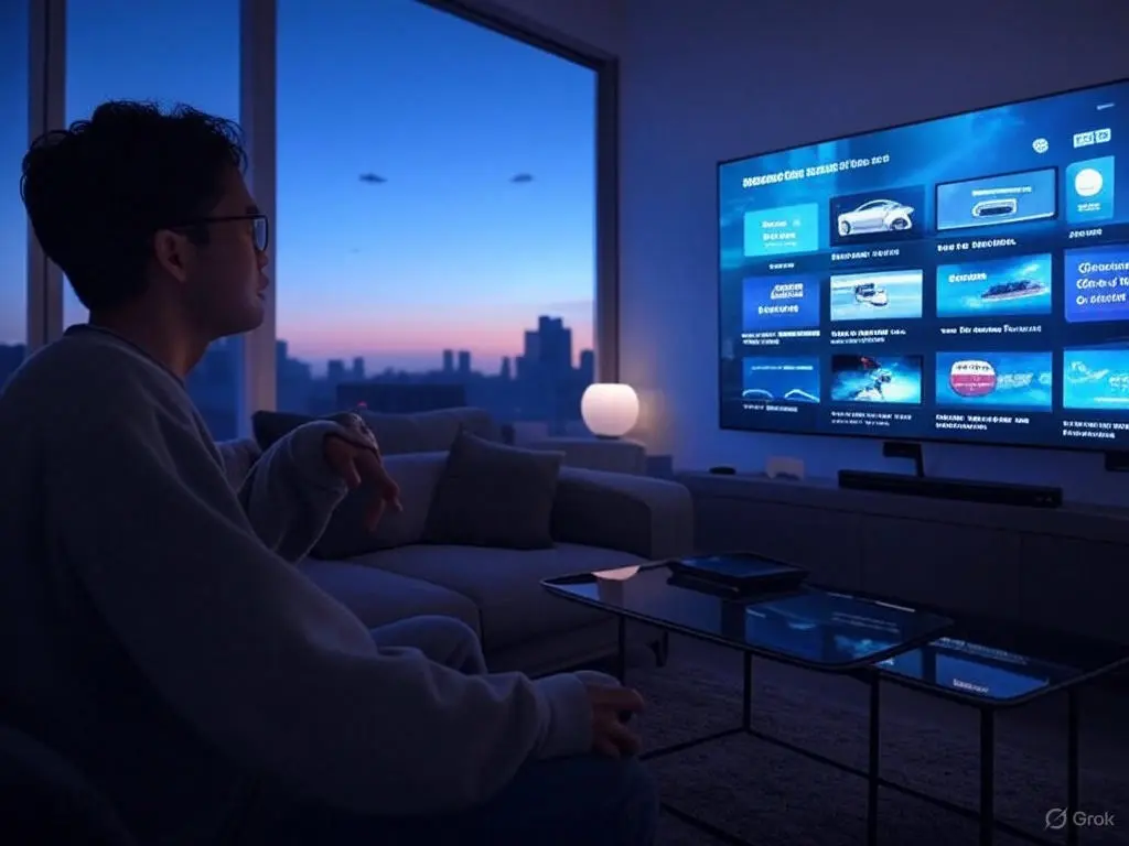 Close-up of a smartphone screen showing the SmartersElite app with buyIPTV categories like iptv free trial USA and live TV streams free, surrounded by holographic TV show icons.