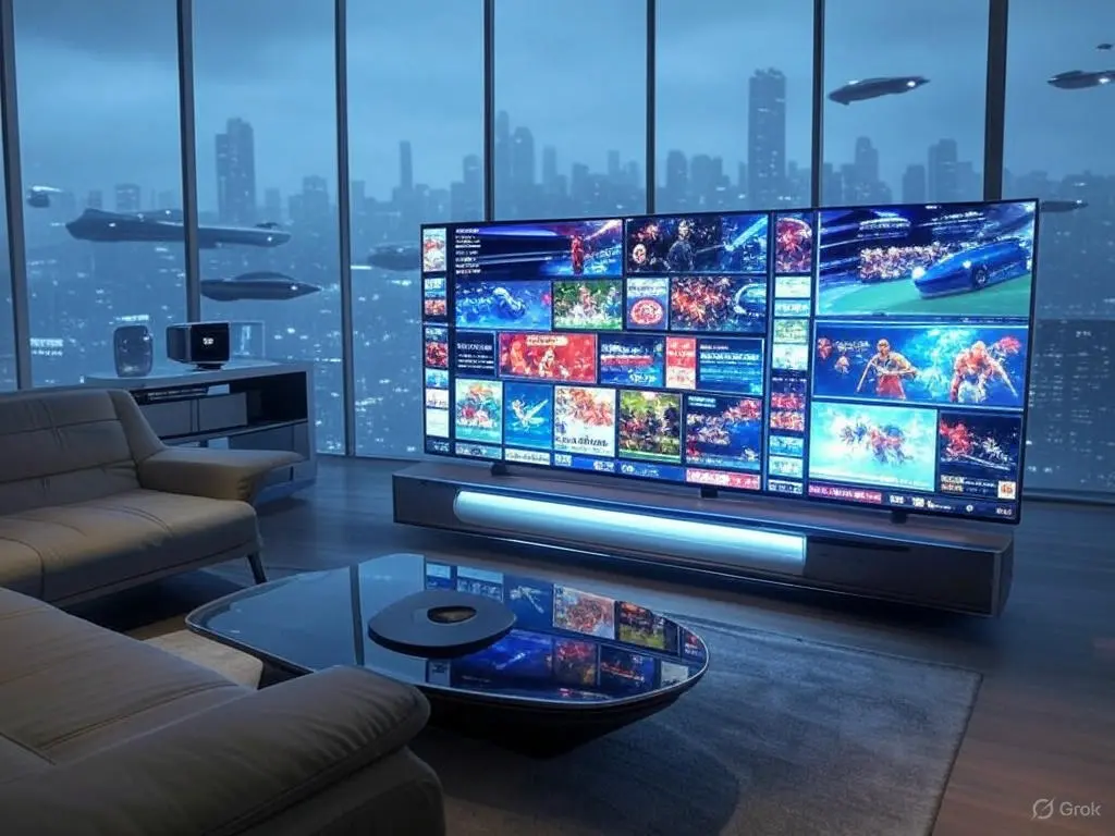 Modern living room with an 8K OLED TV streaming diverse content using iptv smarters login free on Smarters IPTV, featuring holographic UI elements and a 2025 cityscape with flying cars