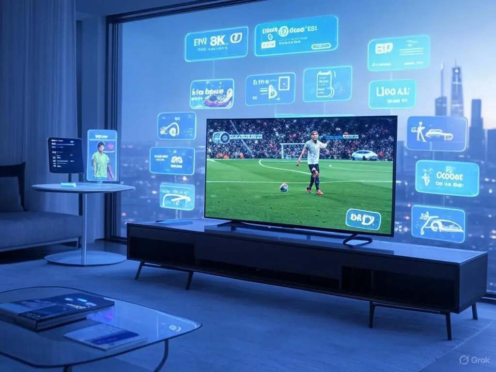 Modern living room with an 8K OLED TV streaming live sports via iptv stream providers using Smarters Lite, featuring holographic UI elements and a 2025 cityscape with drones.