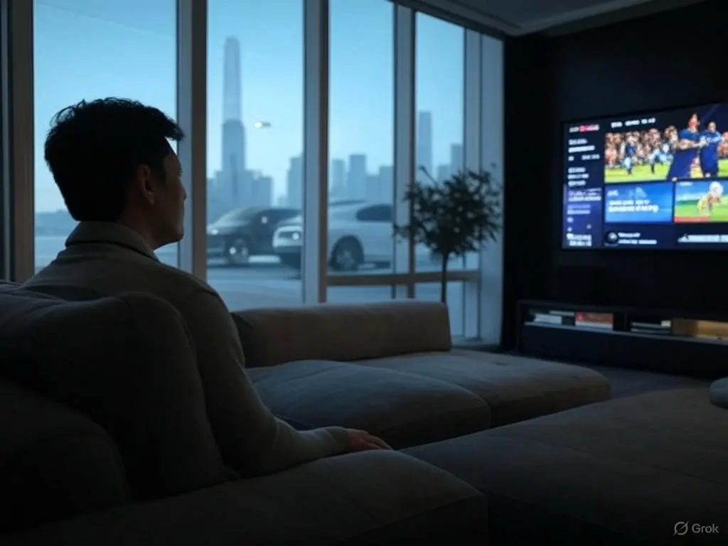 User enjoying live TV streams free on a Firestick using the best free IPTV M3U URL in a futuristic 2025 living room with an 8K smart TV displaying a sports channel and AI-driven recommendations.