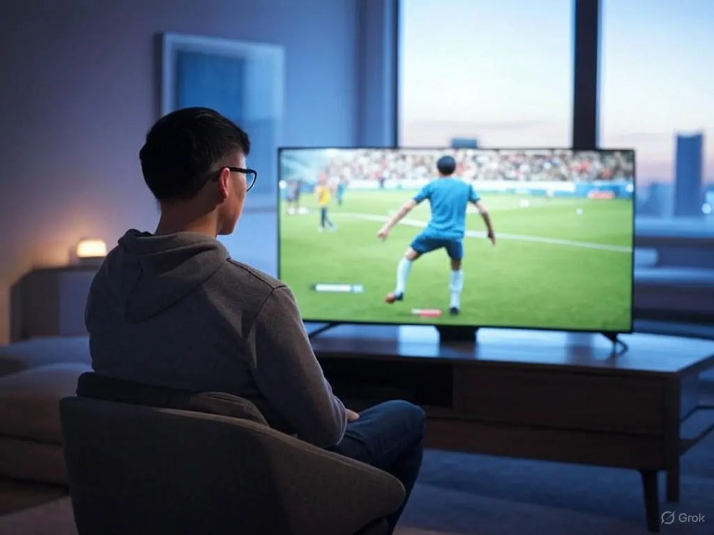 User enjoying live TV streams with GreatIPTVSub on Smarters IPTV in a futuristic 2025 living room, featuring an 8K smart TV displaying a sports channel with AI-driven recommendations.