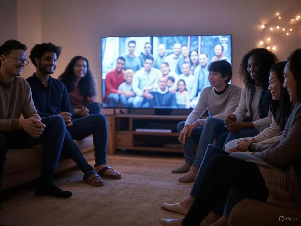 Friends in a cozy living room streaming a photo slideshow on a Smart TV with USAIPTV, enjoying a social viewing experience powered by Smarters Elite IPTV.