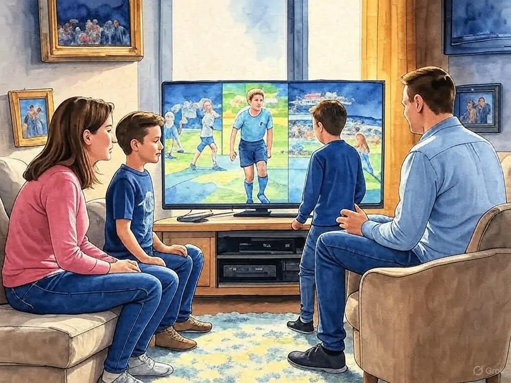 Watercolor illustration of a family enjoying free trial IPTV on a Smart TV and tablet, with golden accents highlighting the cozy living room setup by Smarters Elite IPTV.