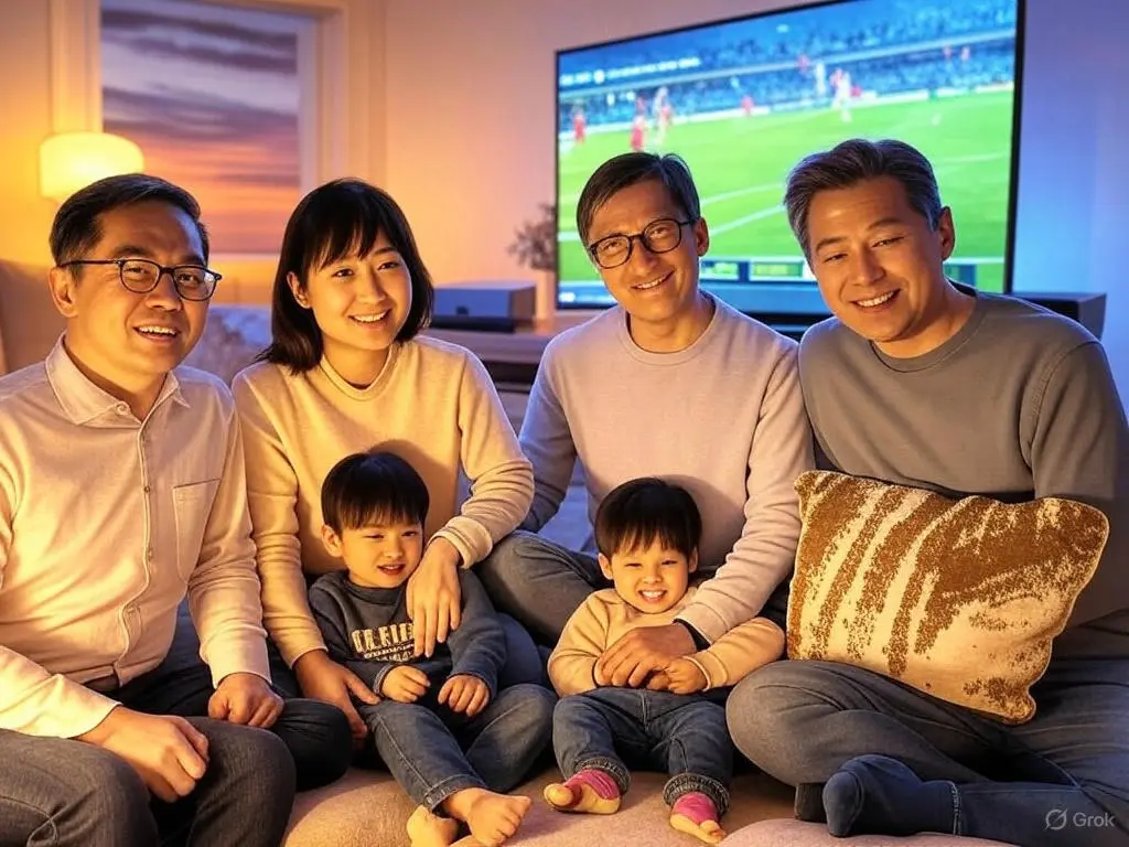 Family sitting on a couch watching a live sports event on a Smart TV with Stream Plus IPTV, enjoying a cozy streaming experience powered by Smarters Elite IPTV.