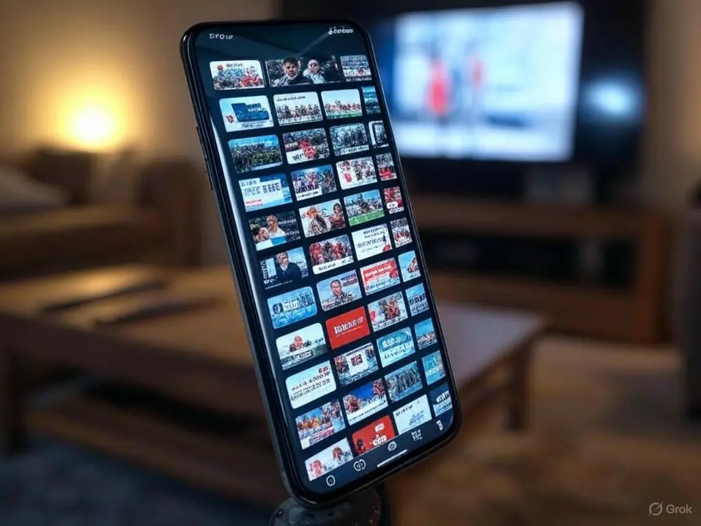 A smartphone displaying the IPTV Smarters Pro apk app interface with a grid of live TV channel thumbnails, set against a cozy living room background with a couch, coffee table, and TV in the distance.