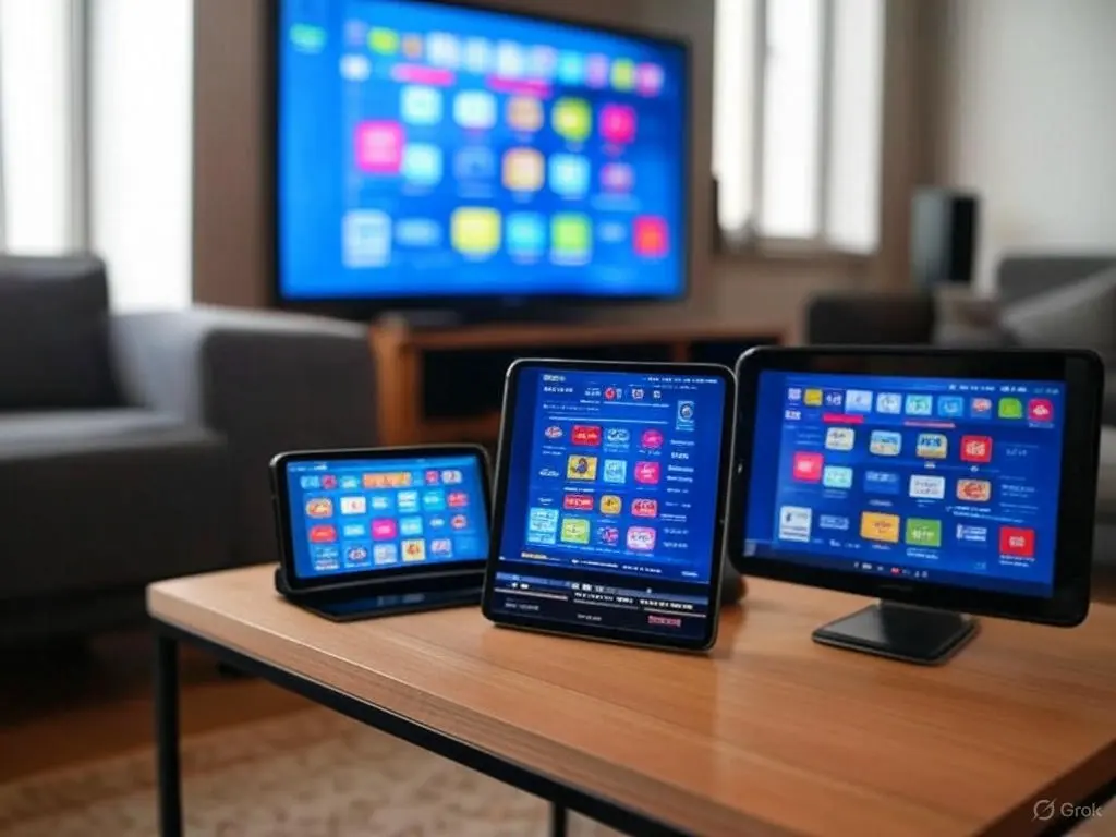 Firestick plugged into a TV displaying IPTV Smarters Pro interface with live sports channels and EPG, showcasing IPTV for Firestick powered by Smarters Elite IPTV.”