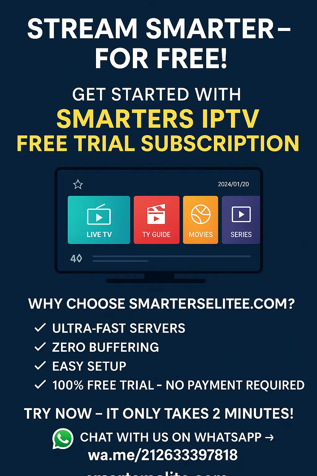 IPTV testing interface on a smart TV, showcasing teste iptv features and live TV streams free for an immersive iptv free trial experience.