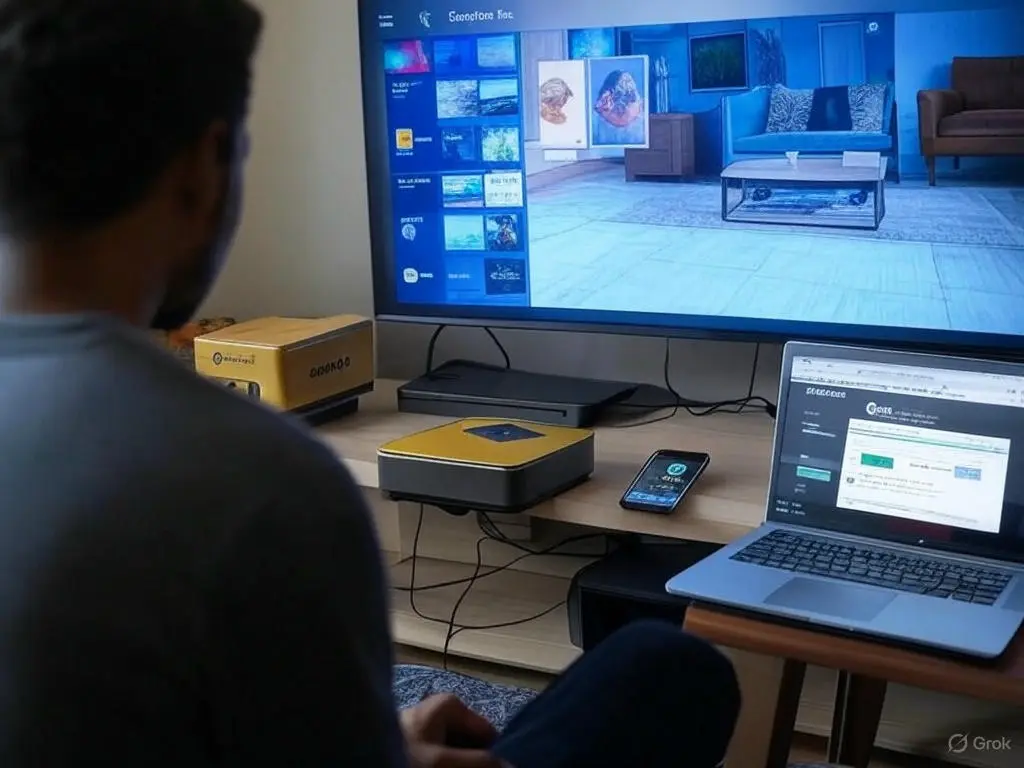 Fix IPTV Issues Fast: Your 2025 Troubleshooting Guide for IPTV Smarters Lite 4 Home office with IPTV Smarters Lite app on a 4K smart TV, troubleshooting to fix IPTV issues, with smarterselite.com on a laptop and WhatsApp on a phone.