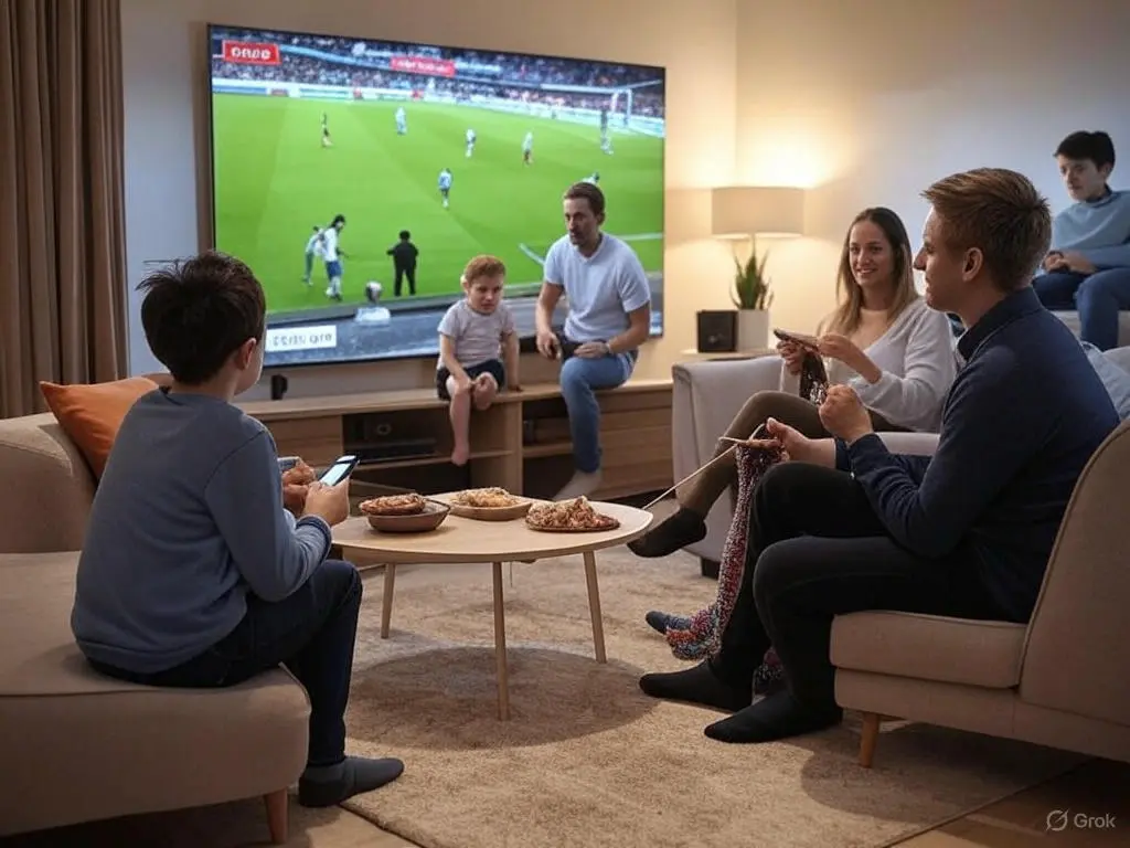 Tech-savvy setup with IPTV Smarters Lite app on a 4K smart TV, featuring smarterselite.com on a laptop and WhatsApp contact on a phone for an iptv smarters subscription.