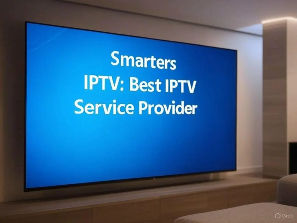 A large TV screen in a modern living room displays the text "Smarters IPTV: Best IPTV Service Provider" in bold white letters, reflecting a cityscape through a nearby window.