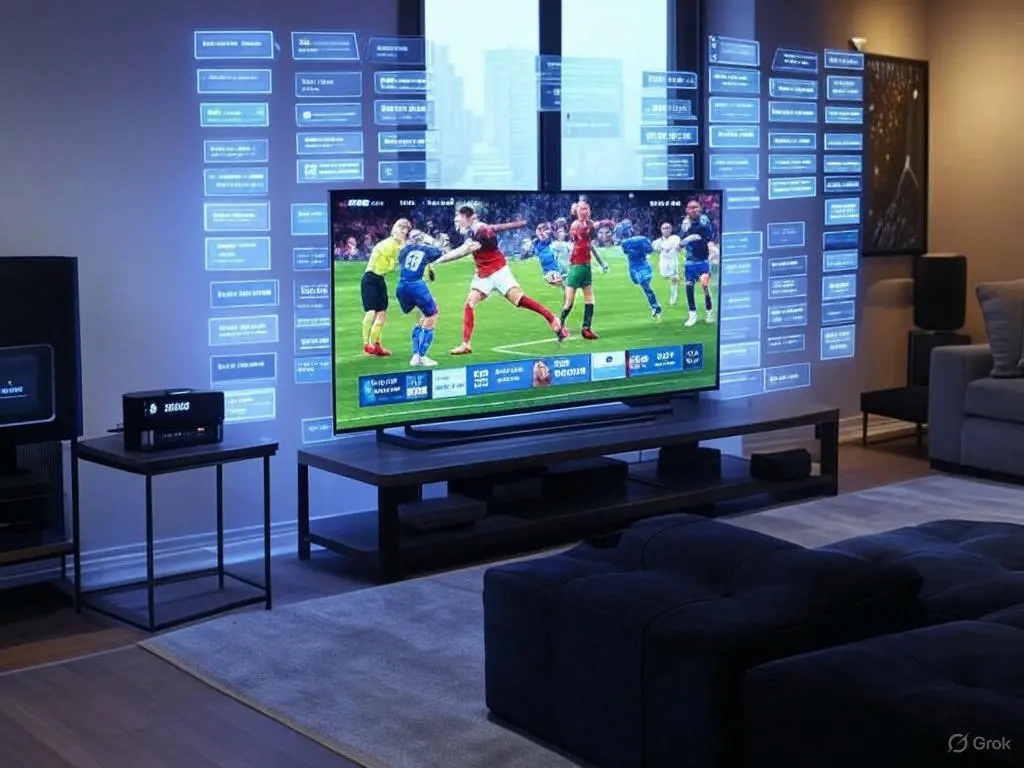 Futuristic living room setup with a Smarters Lite subscription, streaming buffer free iptv on an 8K OLED TV, showcasing live sports and holographic UI elements.