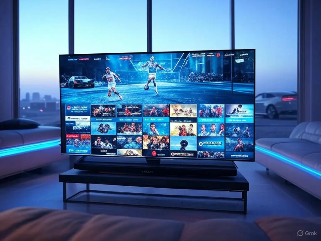 Close-up of a smartphone screen displaying the SmartersElite app with categories like iptv free trial USA and live TV streams free, powered by the best free IPTV M3U URL, surrounded by holographic TV show icons