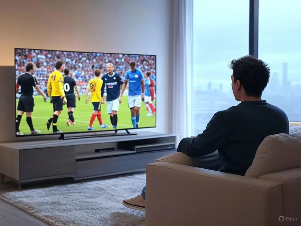 User enjoying live TV streams free on a Firestick with buyIPTV in a futuristic 2025 living room, featuring an 8K smart TV displaying a sports channel during an iptv free trial.