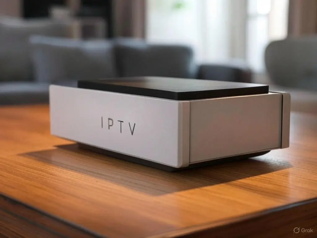 Best IPTV Box for Streaming in 2025: Smarters Elite IPTV’s Top Picks 1 : A minimalist white best iptv box labeled "IPTV" on the side, placed on a wooden table in a modern living room with a gray couch, showcasing a top choice for the best iptv box.