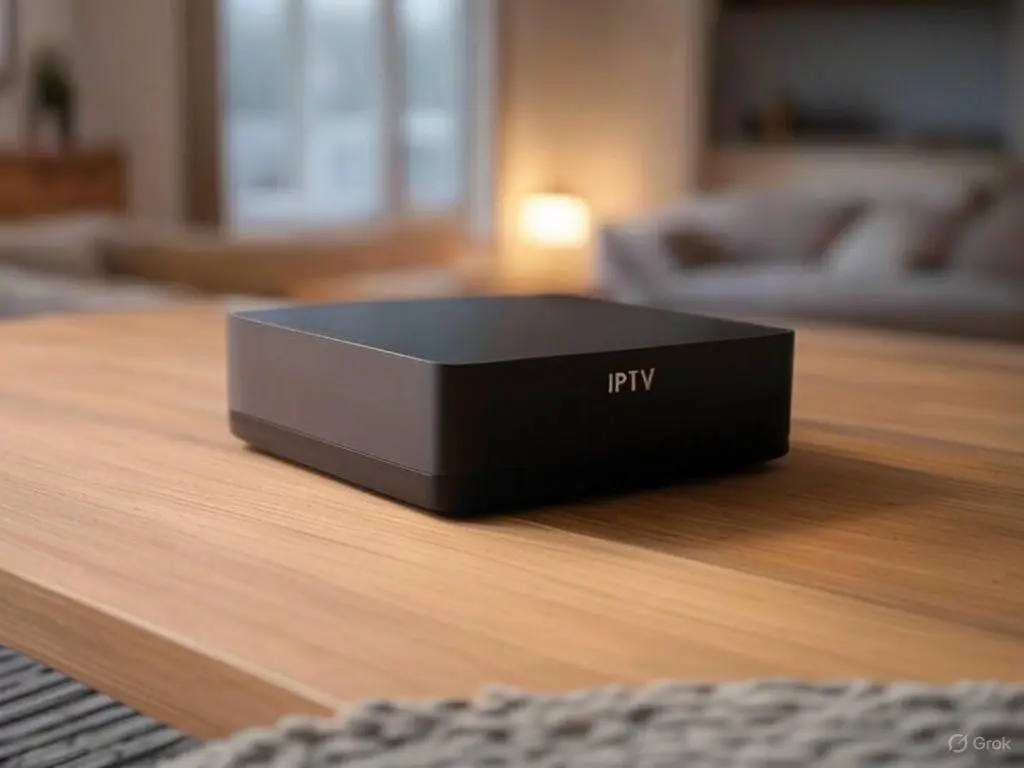 Best IPTV Box for Streaming in 2025: Smarters Elite IPTV’s Top Picks 2 A sleek black best iptv box labeled "IPTV" on the side, on a wooden table in a cozy living room with a gray blanket and soft lighting, presenting a stylish best iptv box for streaming.