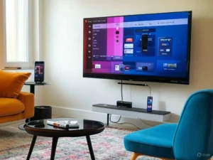 Ultimate Guide to IPTV: Setup, Troubleshooting, and Free/Premium Solutions 7 A modern living room with a Smart TV, phone, and tablet displaying the IPTV Smarters Pro interface, showcasing a seamless IPTV setup guide. The SmartersElite.com logo is subtly visible, promoting reliable IPTV streaming solutions