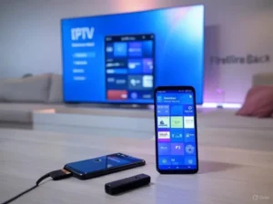 Ultimate Guide to IPTV: Setup, Troubleshooting, and Free/Premium Solutions 6 A cozy setup featuring a Smart TV, tablet, and phone running the IPTV Smarters Player app with its iconic blue and purple design. The SmartersElite.com logo is subtly visible, promoting a reliable IPTV stream provider for easy setup and buffer-free streaming.
