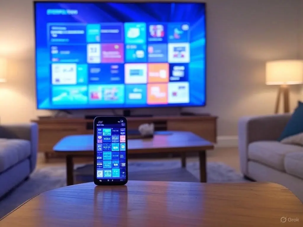 A cozy setup featuring a Smart TV and phone running the IPTV Smarters Player Lite app with its iconic blue and purple design. The SmartersElite.com logo in the background promotes a reliable IPTV Subs provider, showcasing easy Smarters Player Lite download and great IPTV streaming."