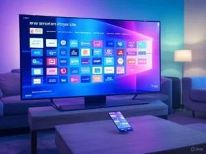 Ultimate Guide to IPTV: Setup, Troubleshooting, and Free/Premium Solutions 5 A modern living room with a Smart TV and mobile phone displaying the IPTV Smarters Player Lite interface in vibrant blue and purple tones. A subtle SmartersElite.com logo in the background highlights a trusted IPTV Subs provider for seamless great IPTV streaming.