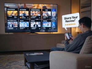 Ultimate Guide to IPTV: Setup, Troubleshooting, and Free/Premium Solutions 9 A person setting IPTV on a Smart TV with the Set IPTV app, following a guide on smarterselite.com/setup, streaming 15,000+ channels in 4K.